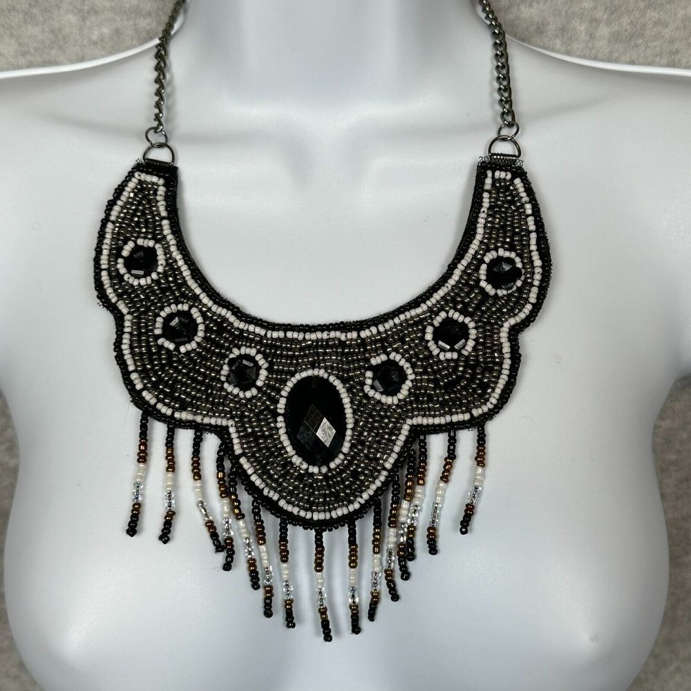 Beaded‎ Bib Necklace 16" Black & Silver Tone Rhinestone Adjustable Boho Native